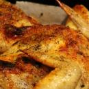 Roasted Chicken, Butterflied, on Potatoes, Baking Pan Close UP